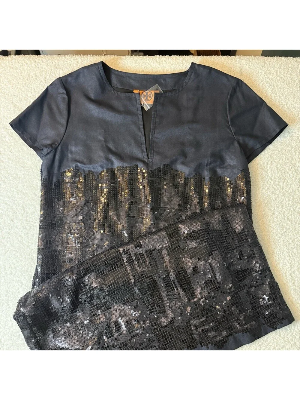 Tory Burch Women’s Size 14 Navy Sequin Shift Dress Short Sleeve Lined Cocktail